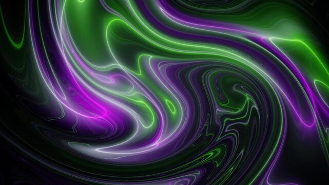 Glowing purple and green plasma currents vortex together in a dark metallic liquid sphere for futuristic data visualization concepts