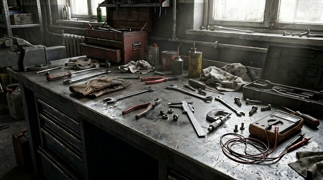 Rustic industrial workshop table covered with an array of essential repair tools and mechanical components, showcasing a cluttered but functional workspace ready for hands-on projects