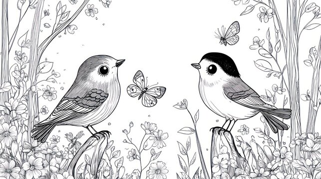 Two birds conversing in spring blossom garden, butterflies. Coloring page
