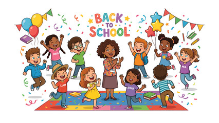 Fototapeta premium Back to School Celebration: A cheerful teacher leads a diverse group of excited children in a lively Back to School celebration, surrounded by balloons, confetti, and festive decorations.