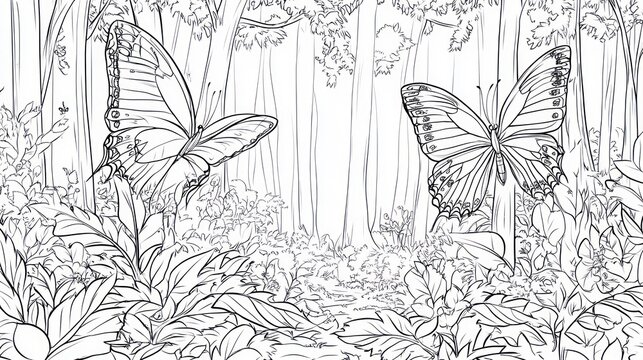 Butterflies in forest, nature scene, coloring page