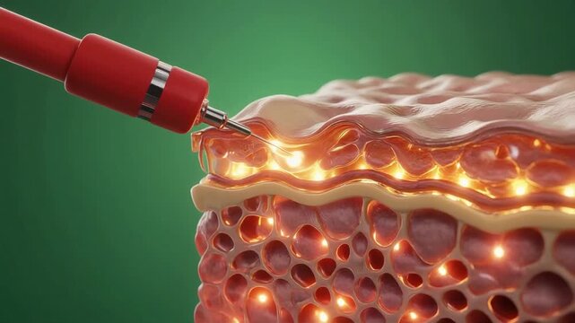 Microscopic skin rejuvenation treatment with serum injection needle applying nourishing liquid into layers of human dermis for cosmetic care