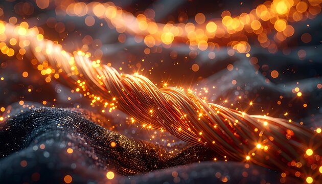 A close-up of a glowing copper cable on a dark textured surface