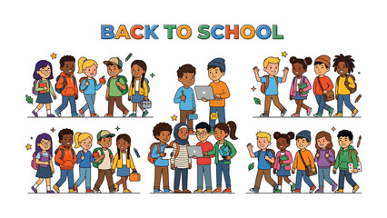 Fototapeta premium Back to School Parade: A vibrant illustration depicts a diverse group of children, each carrying backpacks and books, happily heading to school, celebrating the start of a new academic year.