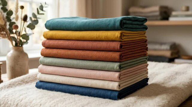 Neatly folded colorful fabrics stacked on a soft surface in a textile display arrangement, commercial lifestyle concept with modern editorial appeal, ideal for advertising, branding and social
