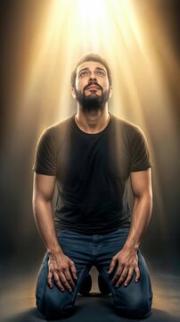 Bearded man kneeling under bright divine light. Spiritual person praying with hopeful expression in dark studio setting. Lockdown medium shot.