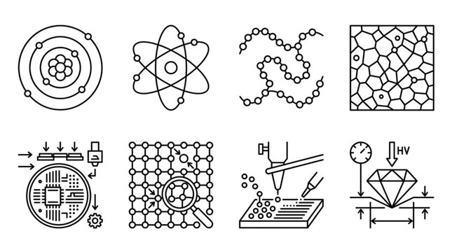 Scientific illustrations of atomic structures and material science concepts.