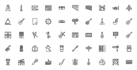 Music instruments icon set. Minimal line vector icons. Includes piano, guitar, drums, trumpet, violin, flute and more. Editable vector stroke. © wang