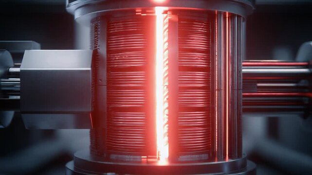 Industrial plasma reactor core emitting glowing red energy, powering cutting edge technological machines for sustainable scientific infrastructure development