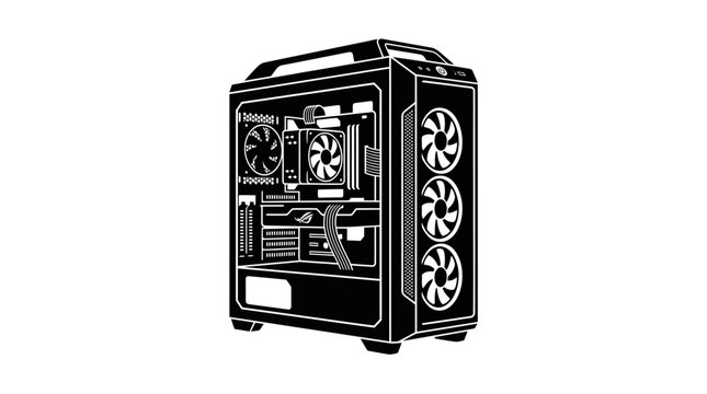 Modern Computer Case with Cooling Fans and Components in Black and White.