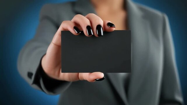 Business card held by professional woman with black nails showing a blank space for custom branding and corporate marketing