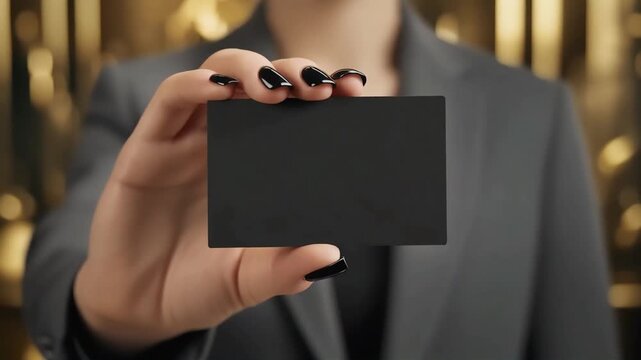 Business card blank held by professional woman in formal grey blazer standing in a luxury office environment 4k clip