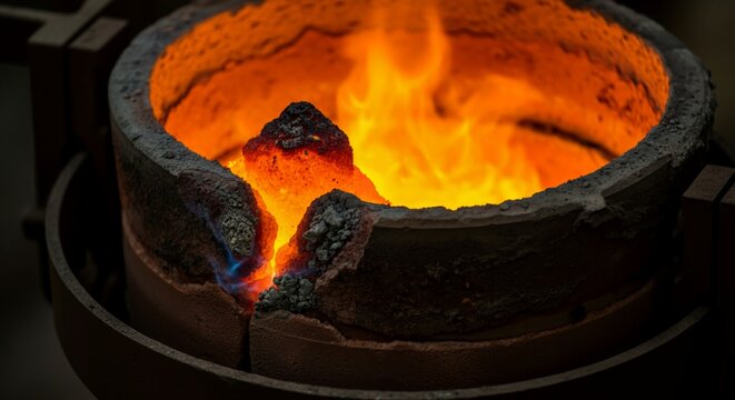Macro detail molten copper aggressively burning damaged refractory ceramic lining industrial.