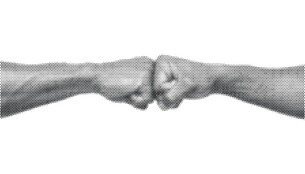Two fists bumping with transparent hexagonal pattern vector illustration, unity symbol, collaborative effort, grayscale.