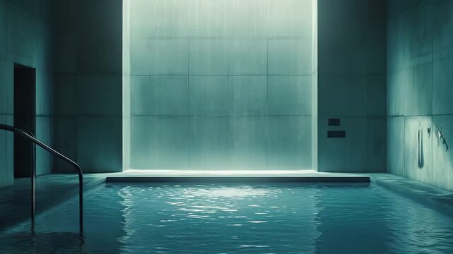 Minimalist indoor swimming pool features concrete walls and cinematic lighting, creating an atmosphere of tranquility and relaxation with shimmering water reflections