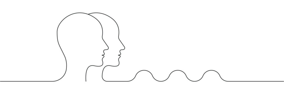 Continuous one line drawing of two human profiles with brain wave symbol for psychology communication. Editable stroke outline. Single contour art. Doodle hand drawn vector illustration
