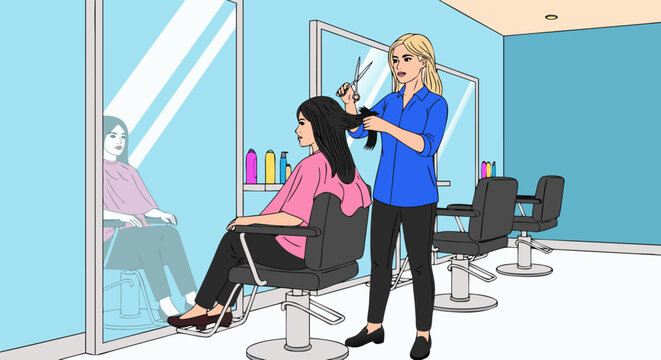 Hairdresser cutting hair of a client in a beauty salon with mirrors and chairs