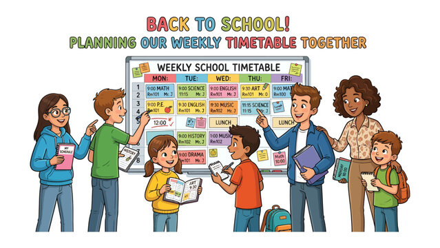 Back to School Timetable Planning: A group of children and teachers collaborates to plan the weekly school timetable, symbolizing education and organized learning.