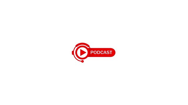 Podcast logo animation with headphone and play button on white background