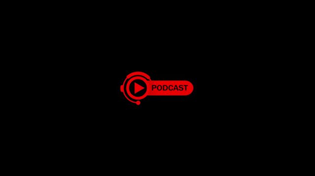 Podcast logo animation with headphone and play button on black background