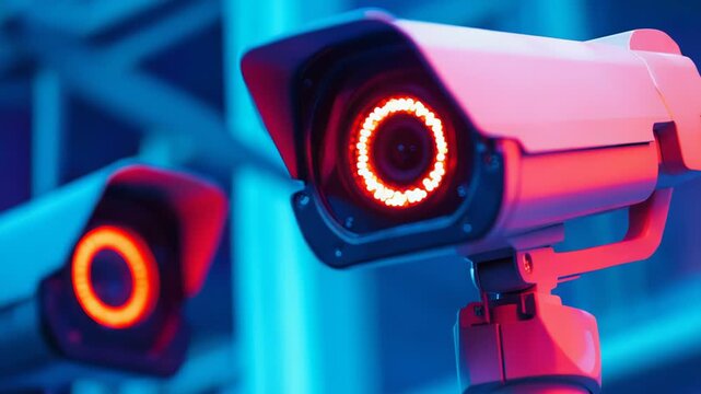 Security cameras featuring illuminated infrared rings are silently watching, providing constant surveillance and protection while raising questions about privacy in modern digital systems