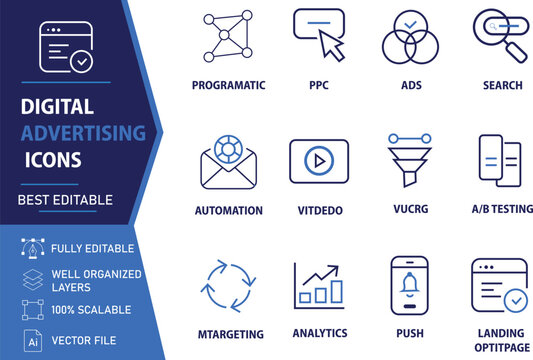 Digital advertising icons set for marketing and business strategy