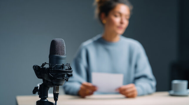 Podcast microphone with woman reading script