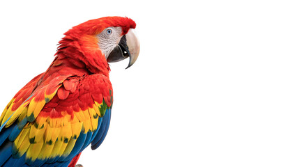 Vibrant scarlet macaw parrot profile portrait looking sideways isolated on transparent background cut out © Ivan