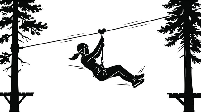 Silhouette of a person ziplining through a pine forest high above the ground, adventure park and canopy tour concept