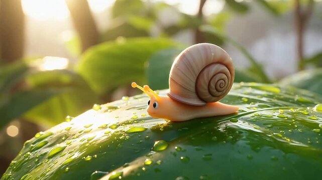 Whimsical Cartoon Snail Crawling on a Glossy Leaf