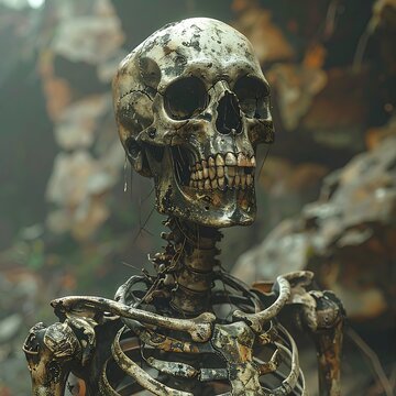 A close-up of a weathered skeleton with a skull and bones