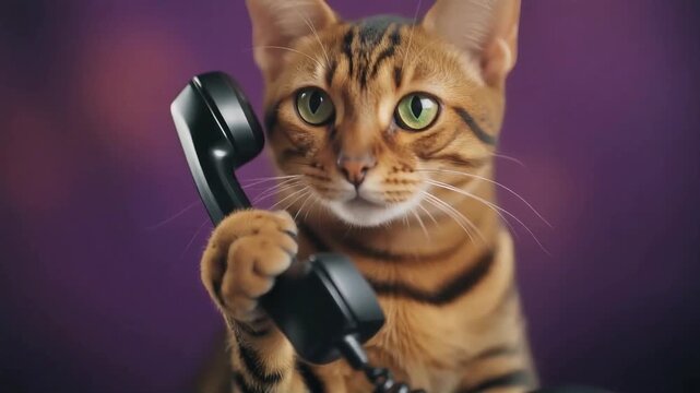Bengal cat holding a vintage telephone receiver while looking into the camera in this cinematic high quality 4k motion clip
