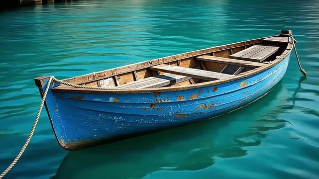 Blue wooden boat floating gently on calm turquoise water surface during a peaceful sunny day in the summer season