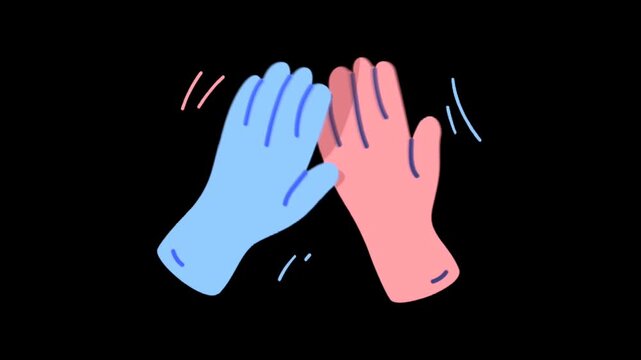 Animated blue and red gloves high five motion graphic isolated on black background for team success celebration design