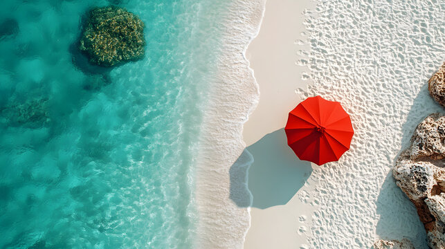 Top view of single red beach umbrella on sandy ocean shore tropical