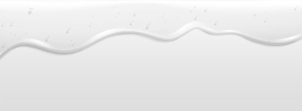Flowing gel liquid with transparent texture on white background. Vector realistic illustration of dripping cosmetic serum with air bubble texture, beauty skincare products splash, clear jelly droplet