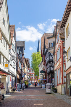 view to scenic half timbered houses in the old town of Gr&uuml;nberg, Hesse, Germany.