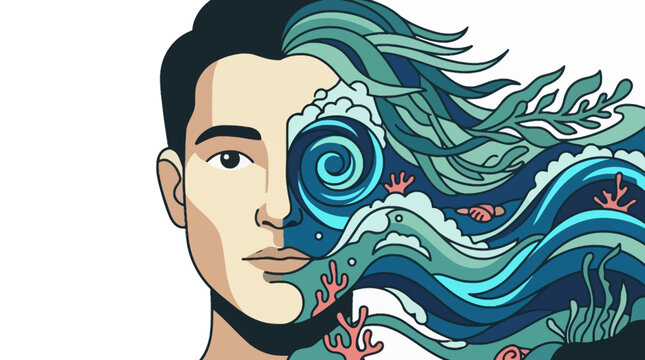 Conceptual illustration of a mans face merging with ocean waves and marine life representing connection to nature. EPS Editable. Vector Illustrations.