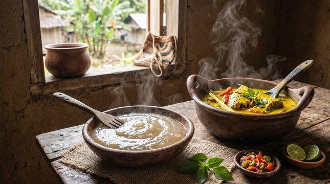 Rustic kitchen scene with papeda and yellow fish soup in warm natural light. Ideal for recipe features, cultural storytelling, and tourism editorials.