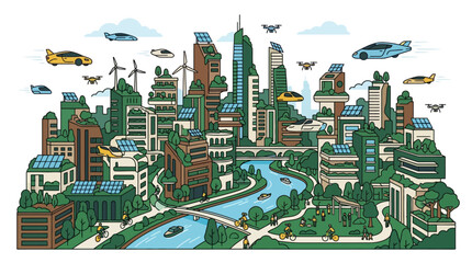 Fototapeta premium Futuristic eco friendly green city illustration with sustainable architecture and flying cars. EPS Editable. Vector Illustrations.