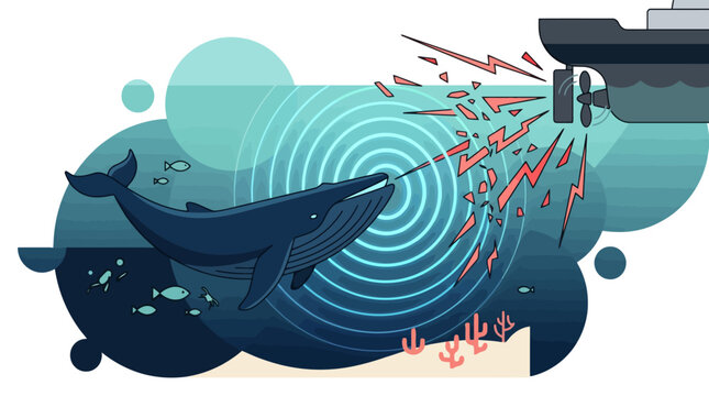 Flat vector illustration of ocean noise pollution showing a whale disturbed by ship propeller sound waves underwater. EPS Editable. Vector Illustrations.