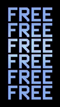 Vertical promotional banner featuring the word FREE repeated on a black background. Ideal for e-commerce marketing, digital advertising, social media promos, retail giveaway events, futuristic themed
