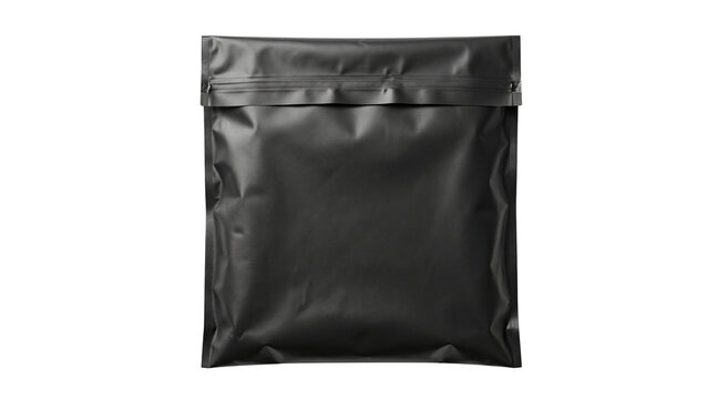 Black plastic zip top bag with sealed closure on transparent background