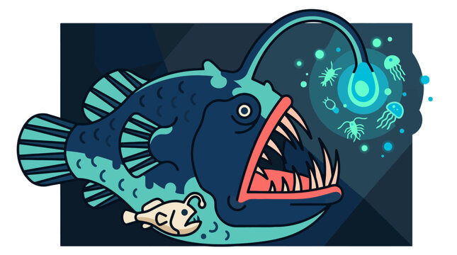 Stylized vector illustration of a deep sea anglerfish with glowing bioluminescent lure and sharp teeth. EPS Editable. Vector Illustrations.