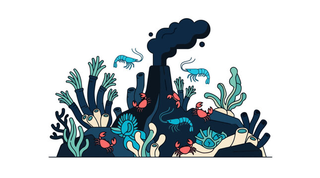 Stylized vector illustration of a deep sea hydrothermal vent ecosystem with crabs tube worms and shrimp. EPS Editable. Vector Illustrations.