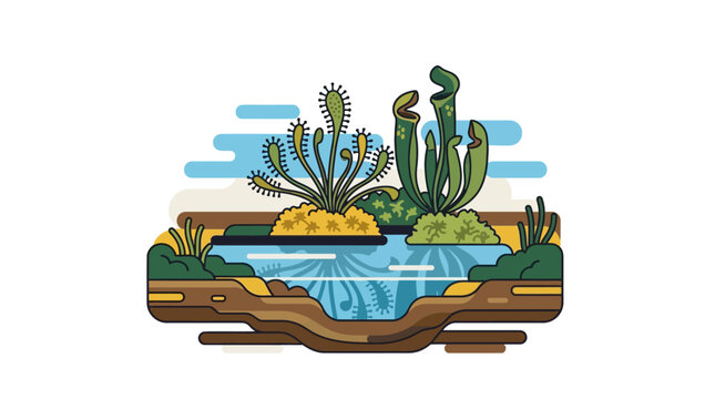 Stylized vector illustration of carnivorous plants including Venus flytrap and pitcher plant in a swampy pond environment. EPS Editable. Vector Illustrations.
