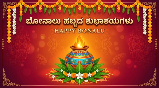 Happy Bonalu Greeting Banner with Traditional Decorated Pot and Kannada Text