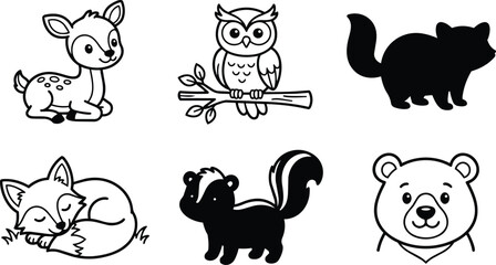 Obraz premium Six black and white animal clipart set featuring deer owl cat fox bear and skunk in vector line art style