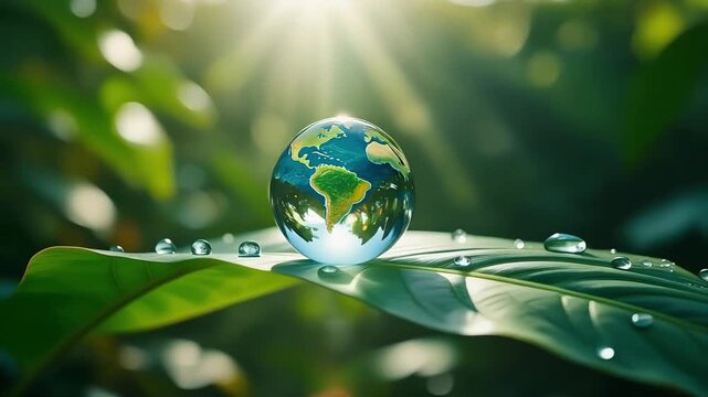 Glass globe earth resting on a vibrant green leaf with water droplets in soft cinematic sunlit forest environment
