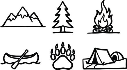Obraz premium Camping icon set mountains tree campfire canoe paw print and tent illustration